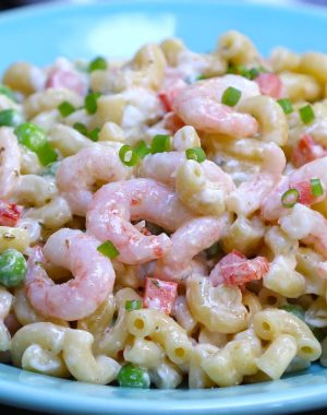Closeup of a creamy seafood pasta salad made with salad shrimp