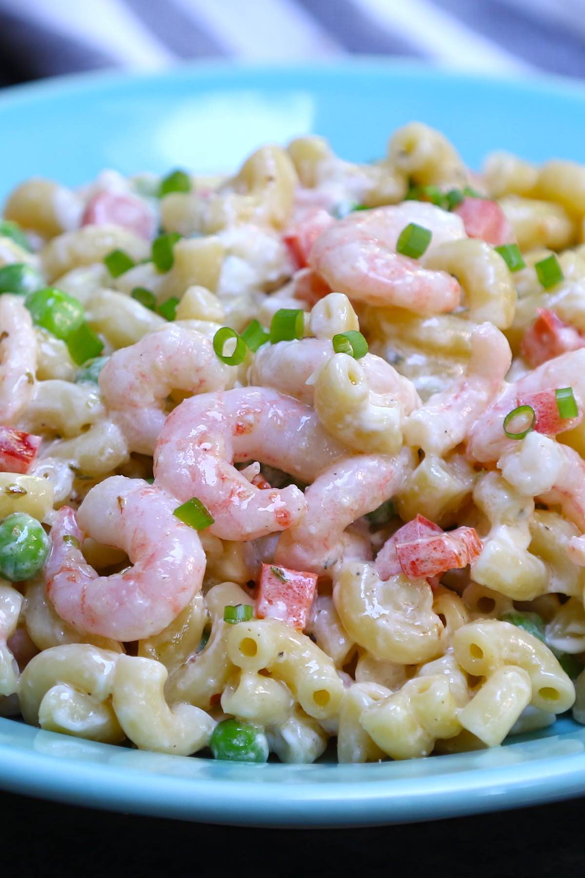 Closeup of a creamy seafood pasta salad made with salad shrimp