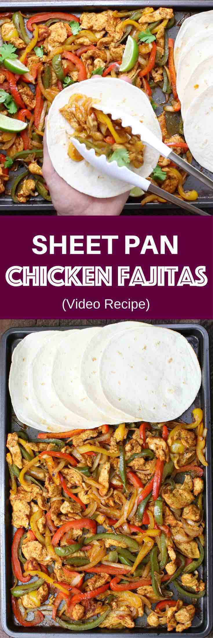 Sheet Pan Chicken Fajitas are an easy one pan meal cooked on a baking sheet in the oven. Chicken breasts are combined with sliced onions, bell peppers and fajita seasonings to make a healthy meal served with hot tortillas. Ready in 30 minutes! #fajitas #chickenfajitas