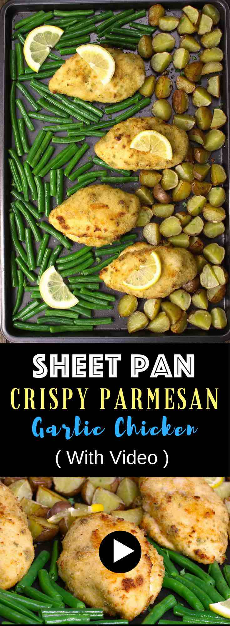 This Sheet Pan Chicken and Veggies is an easy dinner idea made with chicken breasts, potatoes and green beans. The chicken has a garlic parmesan crust that becomes crispy in the oven! So good and ready in 30 minutes. #sheetpanchicken