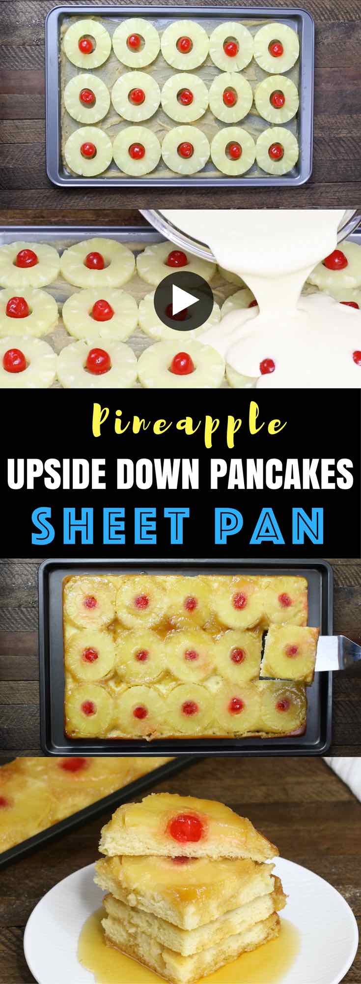 Sheet Pan Pineapple Upside Down Pancakes – combines mouth-watering caramelized sugar, sweet pineapple and cherries on fluffy pancakes! Make it in a sheet pan to save time and feed a crowd for breakfast or brunch (and less mess too!) All you need is some simple recipes: pancake mix, milk, eggs, brown sugar, butter, pineapple and maraschino cherries. So Good! Quick and easy recipe, breakfast and brunch. video recipe. | Tipbuzz.com