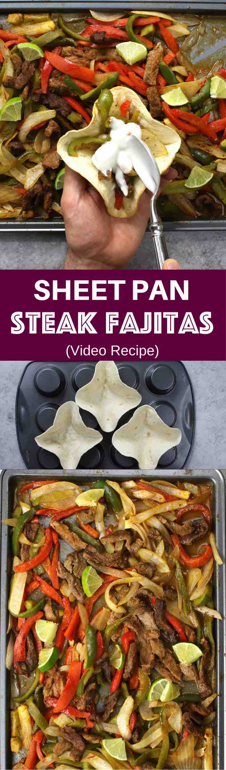 Sheet Pan Steak Fajitas With Taco Bowls – one of the easiest healthy dinner recipes. All you need is only a few simple ingredients: Mixed Bell peppers, sliced onions and steak, mixed with some simple spices (ground cumin, chili powder, garlic powder, salt and olive oil). Perfectly baked in the oven, and served on baked tortilla bowls. Simply Yummy! Make-ahead recipe. Quick and easy dinner recipe. | tipbuzz.com