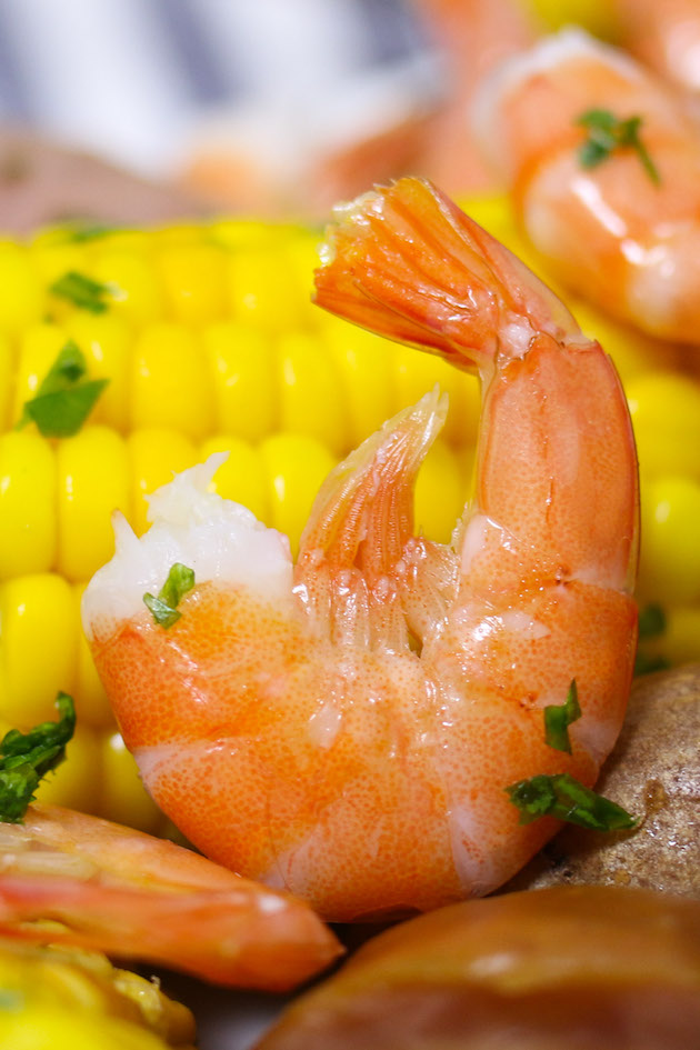 Boiled shrimp with potatoes and corn