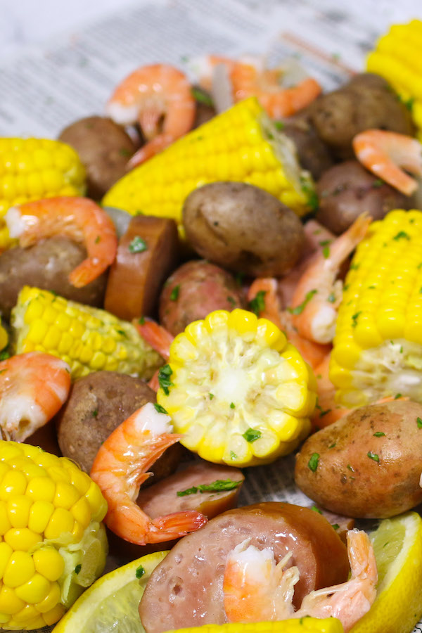 Delicious shrimp boil served on top of newspaper the old-fashioned southern Louisiana way 