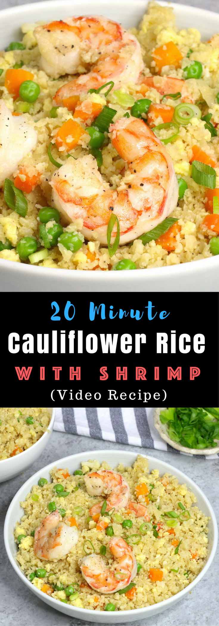 Cauliflower Shrimp Fried Rice is a healthy and low-carb dish loaded with shrimp and veggies with cauliflower rice. You can make it in just 20 minutes and serve as a main course or side dish. #cauliflowerrice #lowcarb #glutenfree