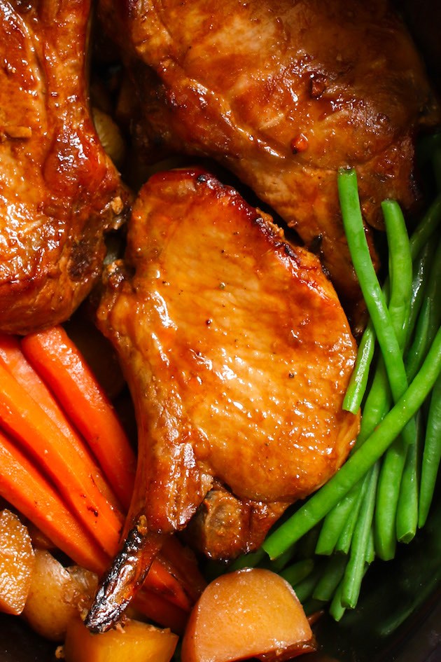 Bone In Pork Rib Chops with potatoes and vegetables after cooking in the crock pot