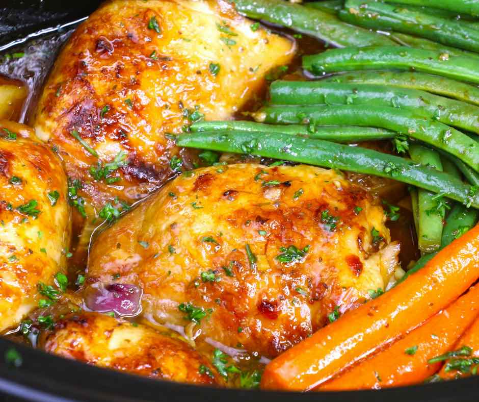 Closeup of slow cooker honey garlic chicken