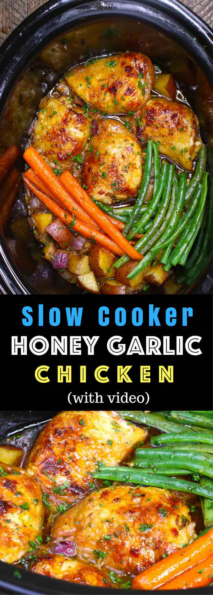 The easiest, most unbelievably delicious Slow Cooker Honey Garlic Chicken With Veggies. It's one of my favorite crock pot recipes. Succulent chicken cooked in honey, garlic, soy sauce and mixed vegetables. Preparation is an easy 15 minutes. Easy one pot recipe. #slowcooker #crockpot #SlowCookerChicken #HoneyGarlicChicken 