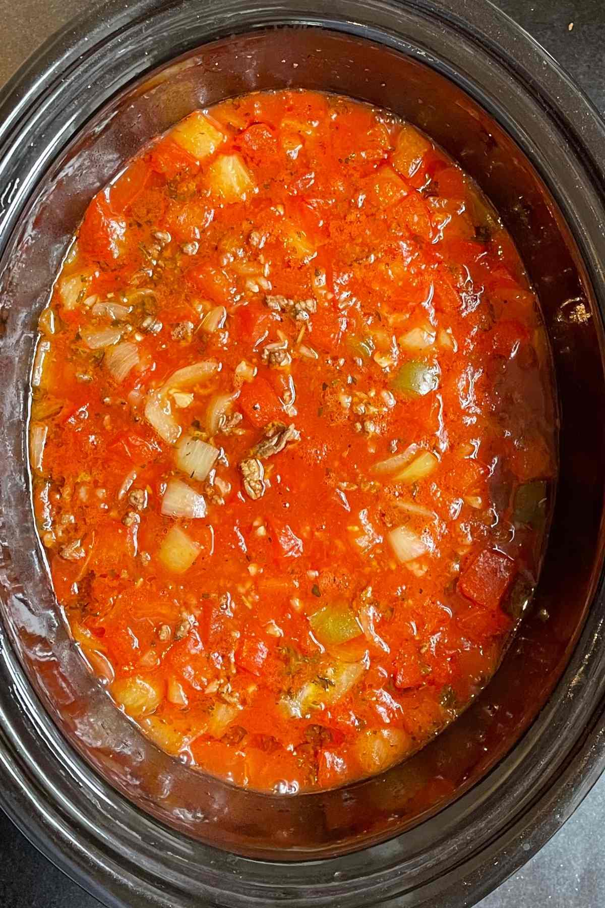 The finished soup in the slow cooker after cooking