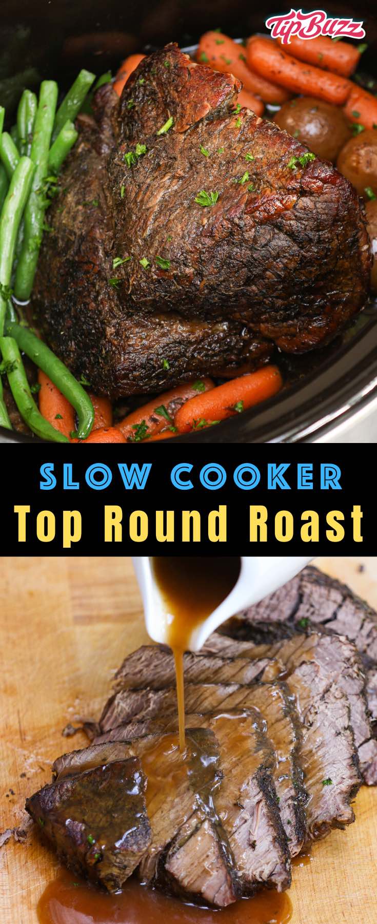 This London Broil crock pot is tender and flavorful with gravy from the slow cooker. It's an easy weeknight dinner with only 10 minutes of prep! #londonbroil