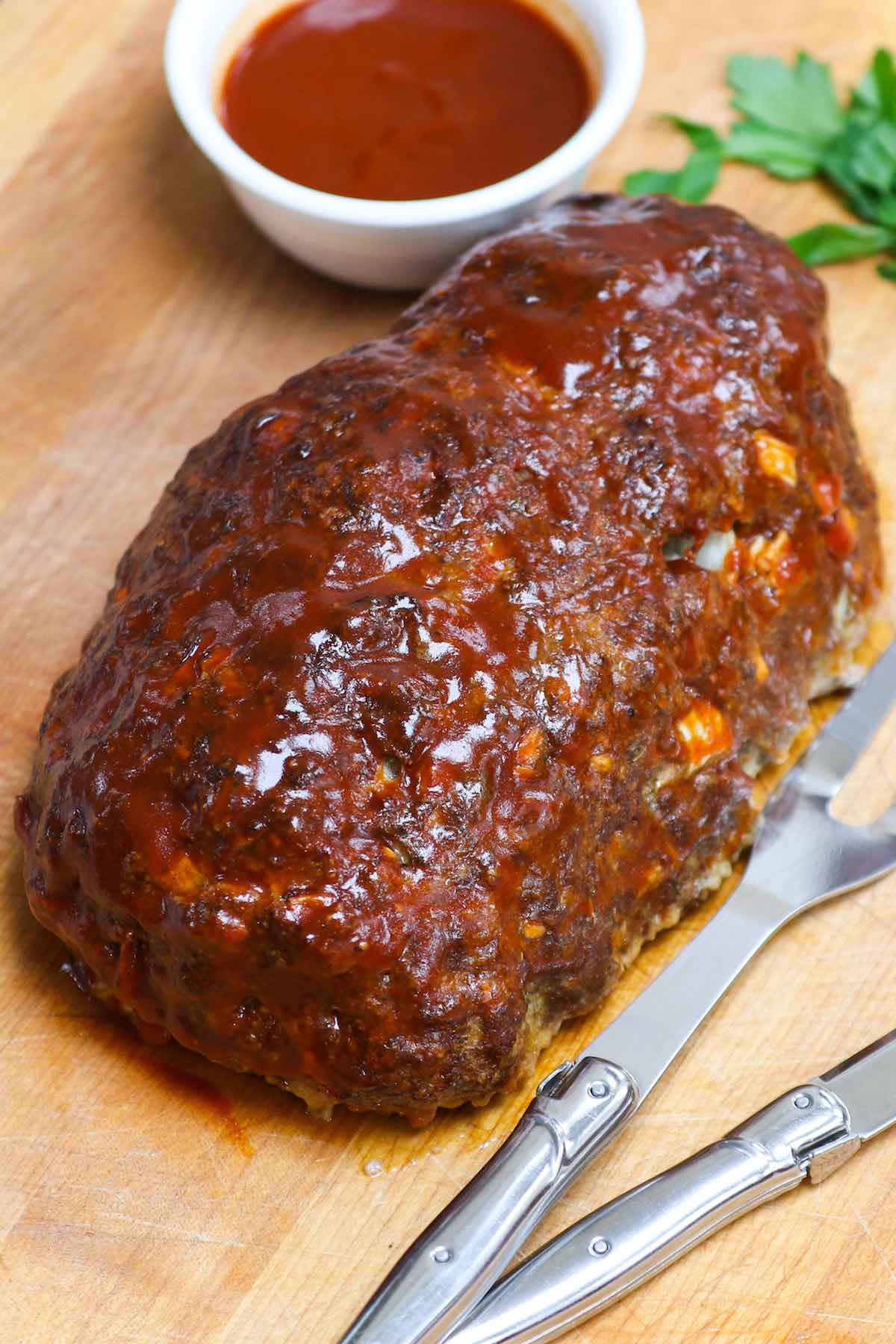 A beautiful BBQ glaze on a smoked meatloaf