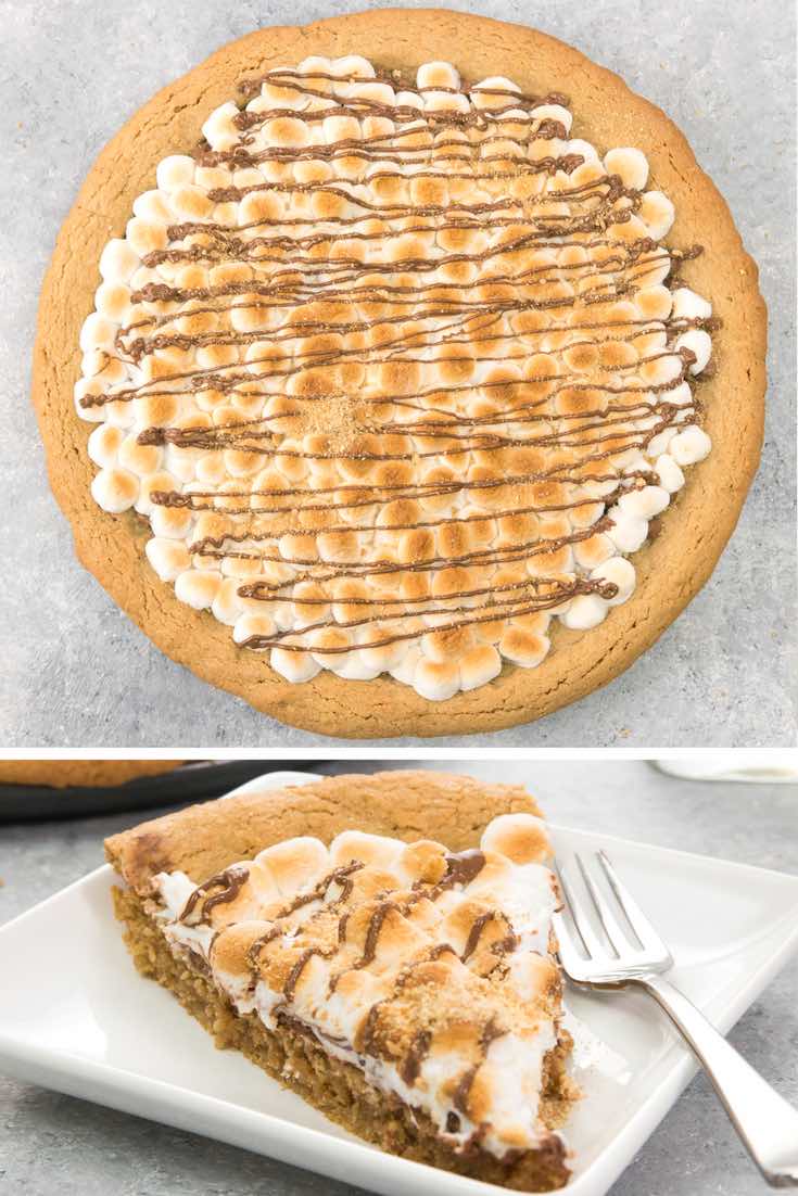 Soft &amp; Gooey Loaded S’mores Pizza or S’mores Pie - flavored with crushed graham crackers cookie dough, and layered with marshmallow and sweet chocolate chips. Who needs a campfire? Bake this indoor rich, gooey S’mores cake instead! Loads of s’mores in every bite! So good! Quick and easy recipe.