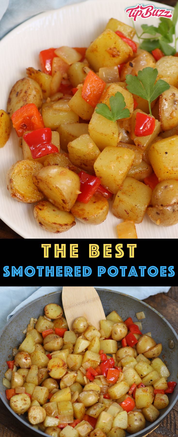 Southern Smothered Potatoes are a mouthwatering side dish you an easily prepare on the stovetop with onions, garlic, bell peppers and cajun seasoning. Or add some sausage or cheese for some heartier comfort food! #smotheredpotatoes