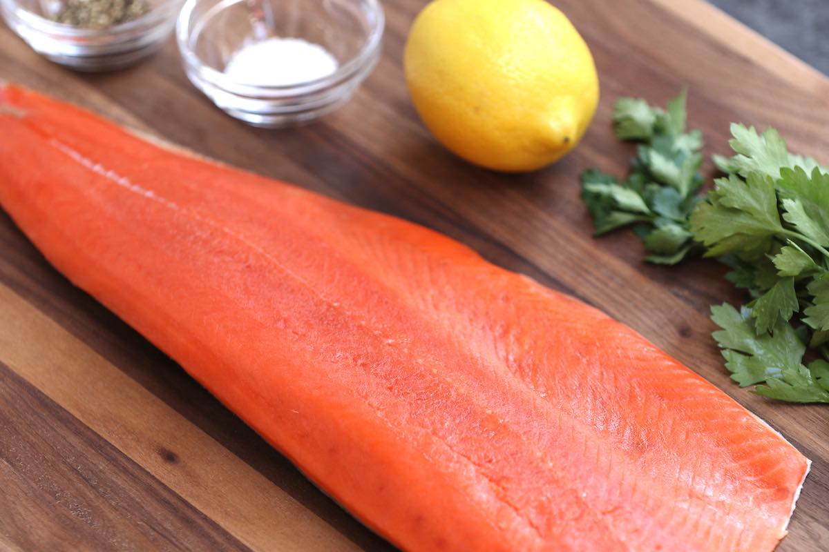 A fillet of raw sockeye salmon that's lean and healthy with a nice orange-red color