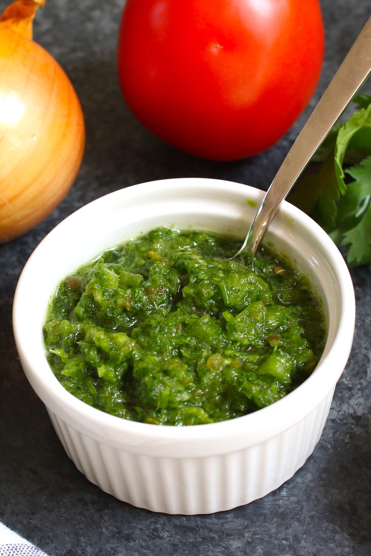 Sofrito is an aromatic sauce that’s mild and sweet with a little kick. It’s a popular condiment for many Puerto Rican dishes and other Spanish recipes. 