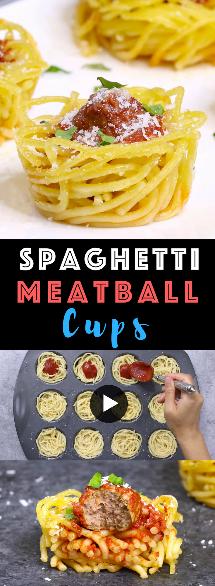 Easy Spaghetti Meatball - Warm, cheesy and delicious handheld spaghetti. A fun twist of classic spaghetti and meatball recipe. Shape the spaghetti into cups with your muffin tin. All you need is a few ingredients: spaghetti, pasta sauce, parmesan cheese, meatballs, salt and oil. So Good! The perfect snack, lunch or quick weeknight dinner! Quick and easy recipe. Party food, easy dinner. Video recipe. | Tipbuzz.com