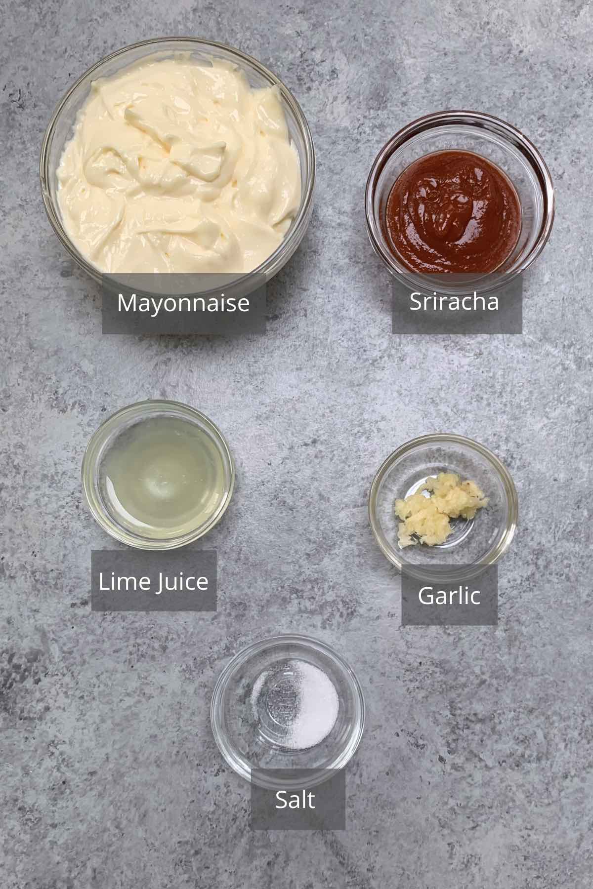 Sriracha Aioli ingredients on the counter.