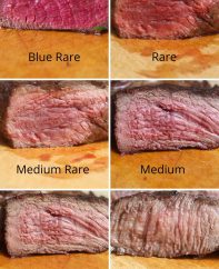 Cross sectional view of the main degrees of steak doneness including blue rare, rare, medium rare, medium, medium well and well done