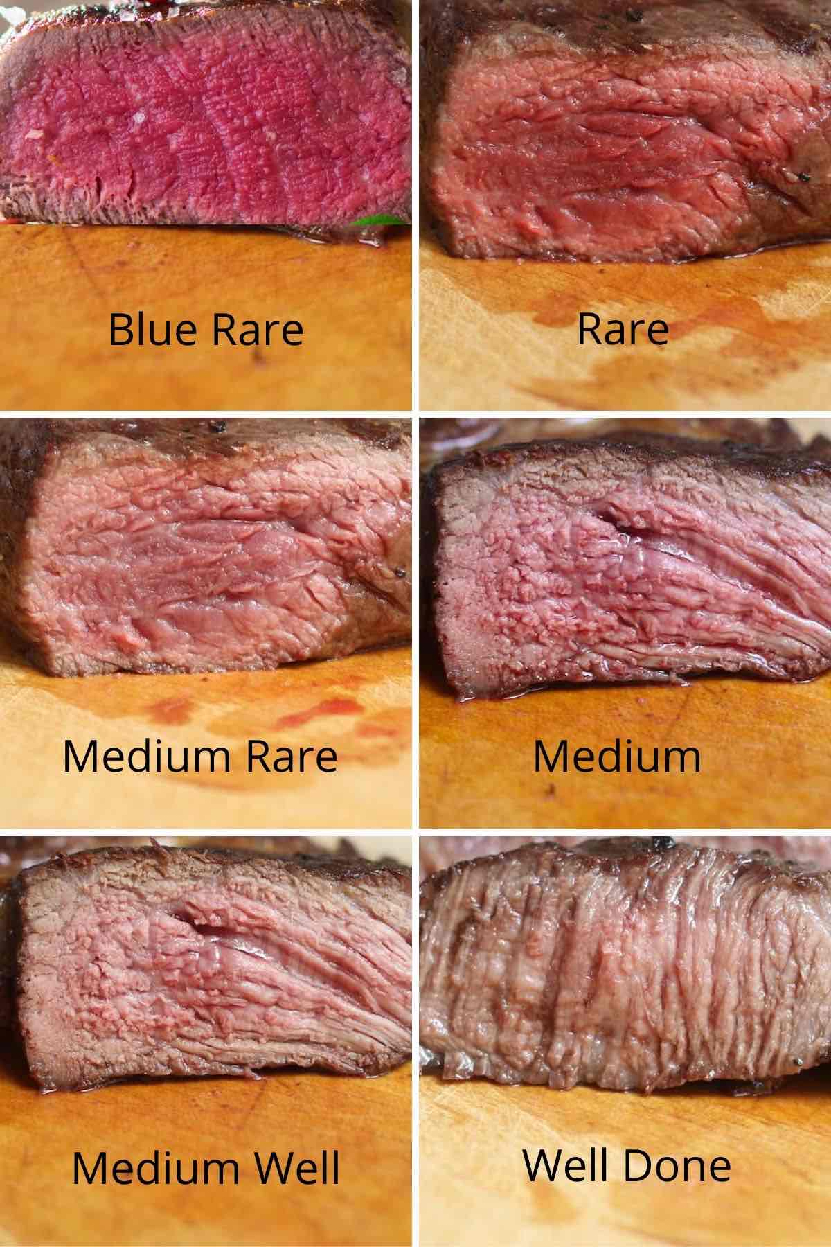 Cross sectional view of the main degrees of steak doneness including blue rare, rare, medium rare, medium, medium well and well done
