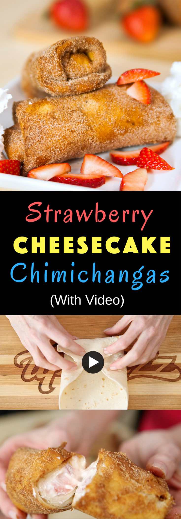 Strawberry Cheesecake Chimichangas are crispy on the outside and creamy inside. This Tex Mex dessert is perfect for any celebration, whether it's a party, birthday or Cinco de Mayo! #chimichangas #cheesecakechimichangas 