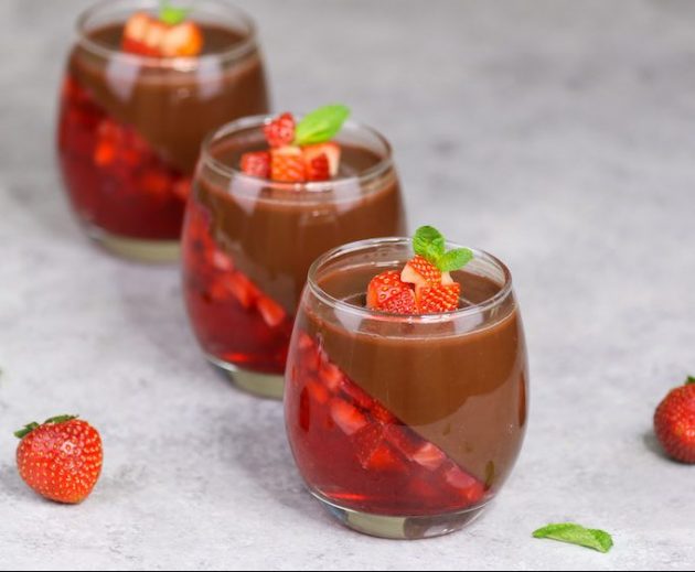 Strawberry Chocolate Mousse - a serving of three set on a buffet or sideboard