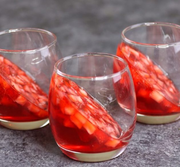 Strawberry Chocolate Mousse - this is a photo of the strawberry layer chilled on the diagonal in stemless wine glasses