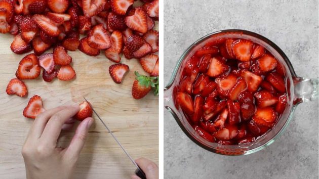 Slicing the strawberries and combining with jello in a mixing cup when making Strawberry Pretzel Salad