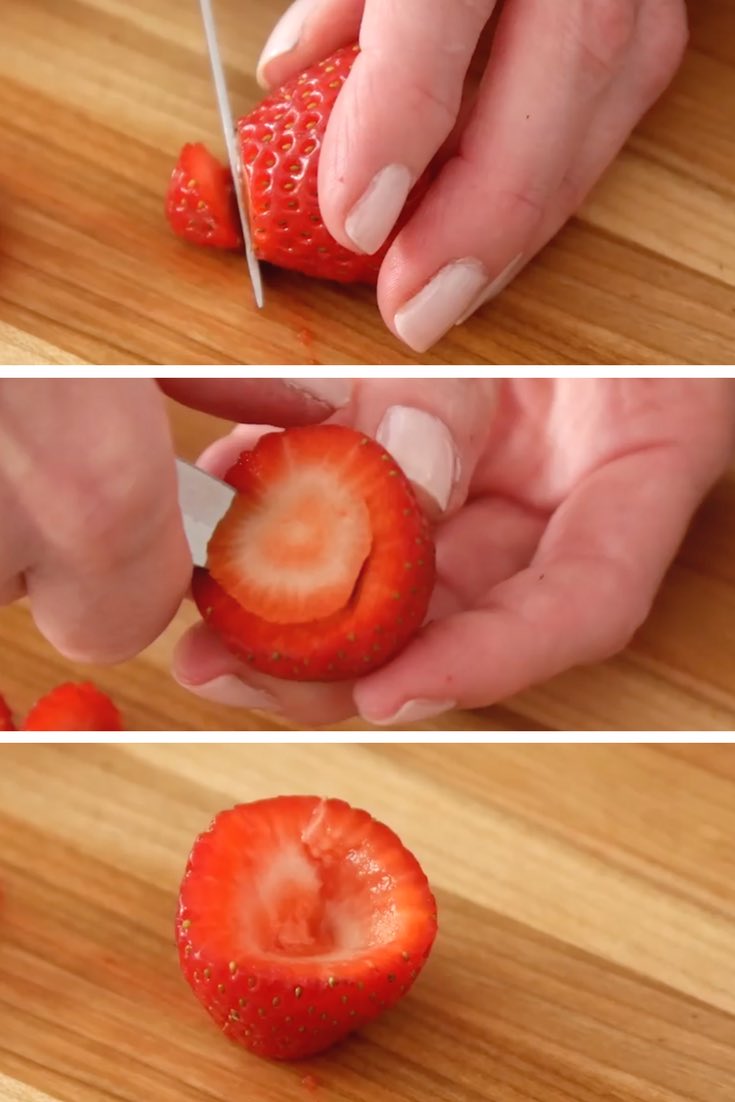 This graphic shows how to trim strawberries to make strawberry jello shots