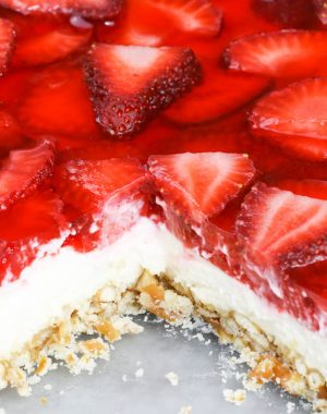 Strawberry Pretzel Salad closeup of the 3 layers in this delicious Southern dessert