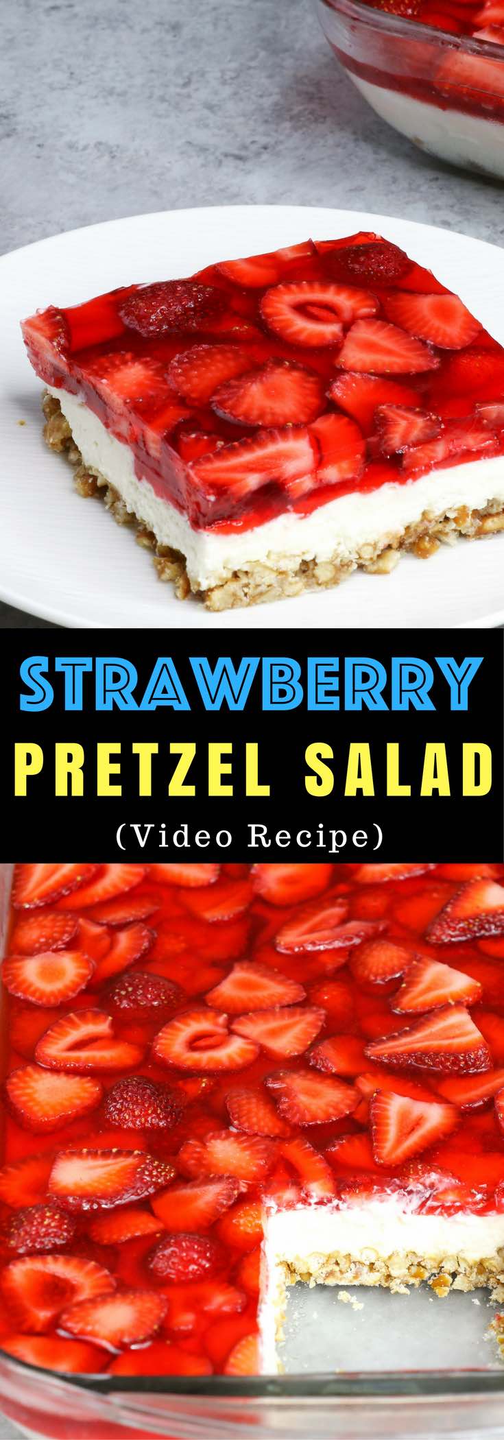 Strawberry Pretzel Salad – A guaranteed hit at any parties! In one bite, you will get the saltiness from its pretzel crust, sweetness from the creamy and smooth cream cheese, and the fresh flavor from the strawberry and jello top layer! So irresistible! Great for holiday and birthday parties. Easy recipe, party desserts. Vegetarian. Video recipe. | Tipbuzz.com