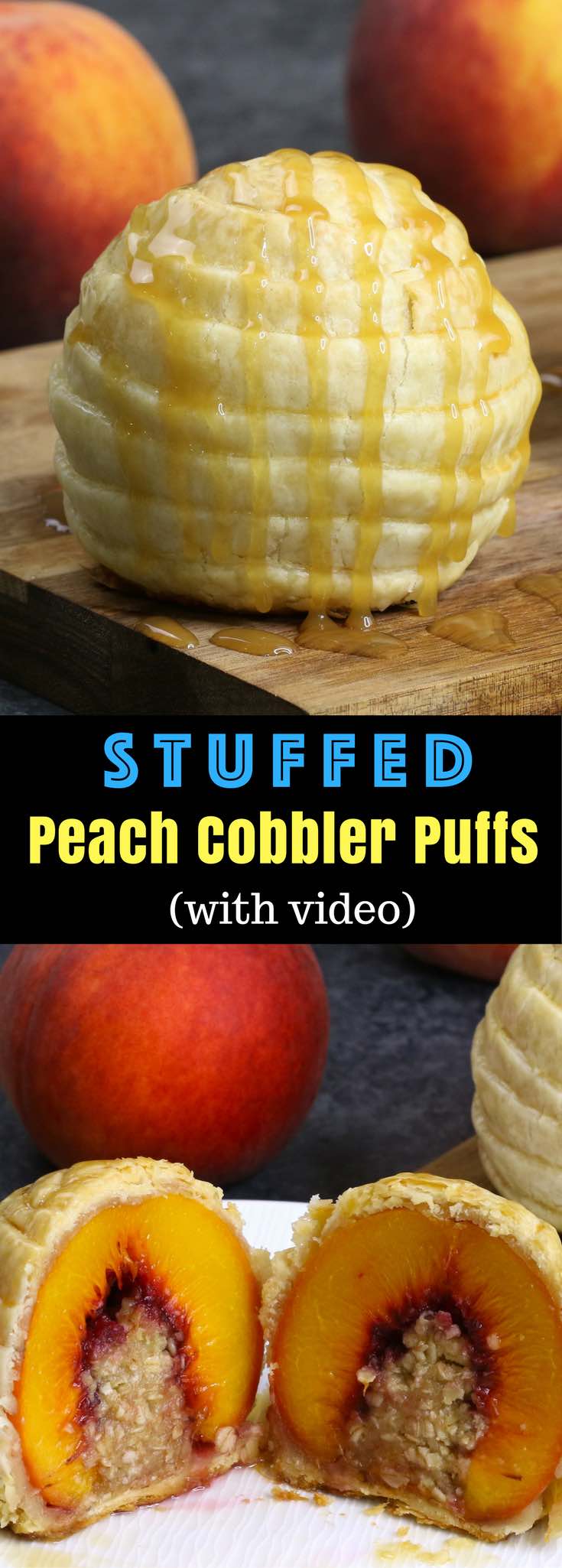 Stuffed Peach Cobbler Puffs – Tender and moist fresh peach stuffed with sweet crumbles, and then wrapped with pie crust. Makes a delicious summer dessert and will definitely wow your family and friends. And it’s simple to make! All you need is fresh peaches, butter, brown sugar, flour oats and pie crust. So Good! Quick and easy recipe. Party food. Great for a holiday brunch. Video recipe. | Tipbuzz.com