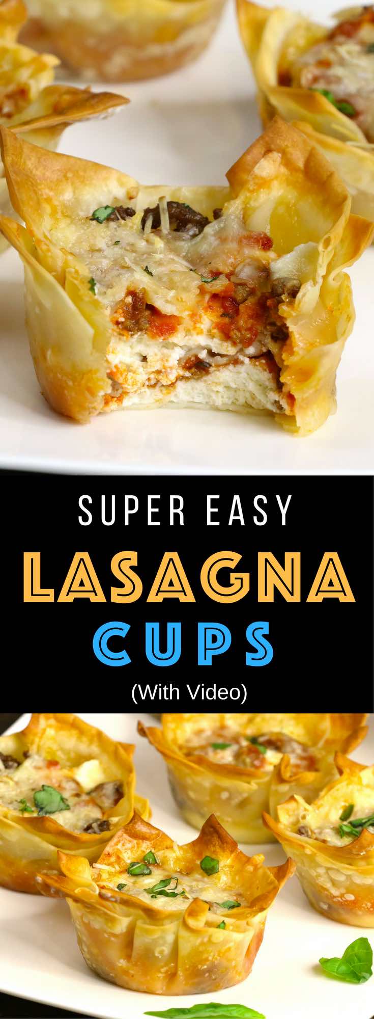 Mini Lasagna Cups: warm, crispy and cheesy handheld lasagna! Cooked ground beef, mozzarella, parmesan, ricotta, and pizza sauce baked inside of wonton wrappers in a muffin tin! The easiest lasagna you will ever make – the perfect snack, lunch or quick weeknight dinner! Quick and easy recipe. Party food, easy dinner. Video recipe. | Tipbuzz.com