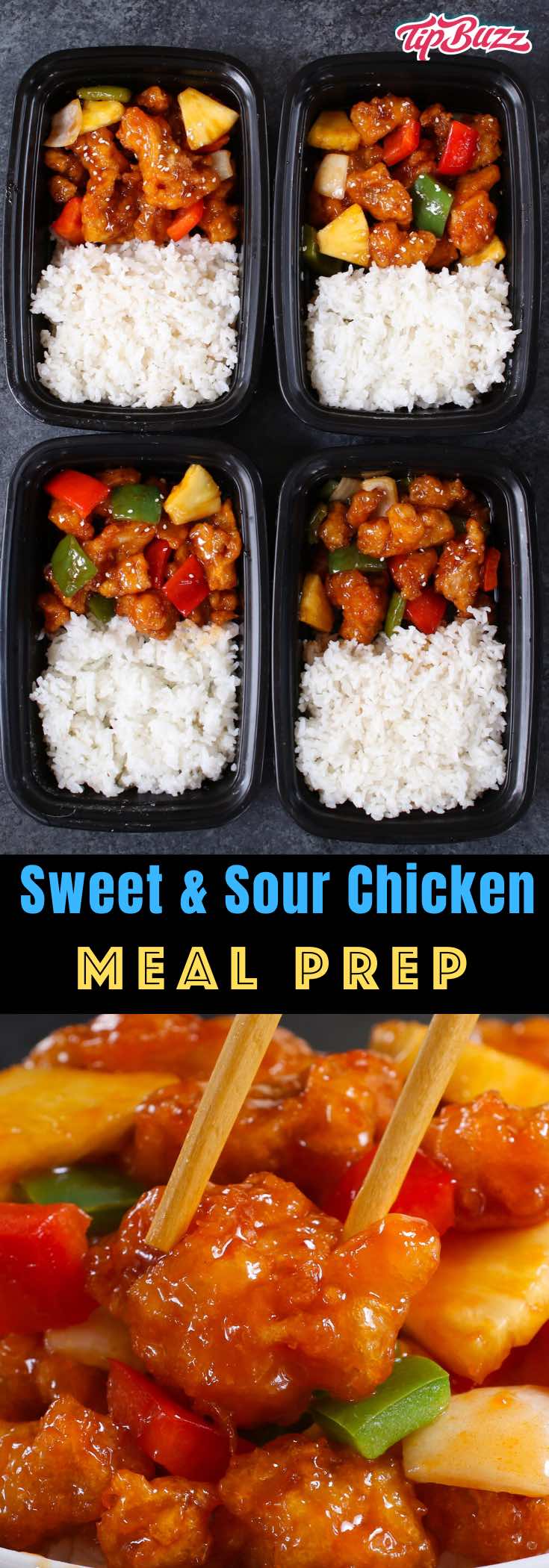 This Sweet and Sour Chicken Meal Prep features crispy chicken, bell peppers, onions and pineapple in a sweet and sour sauce. It only takes 20 minutes to make irresistible lunches and dinners for the entire week! #SweetandSourChicken #ChickenMealPrep