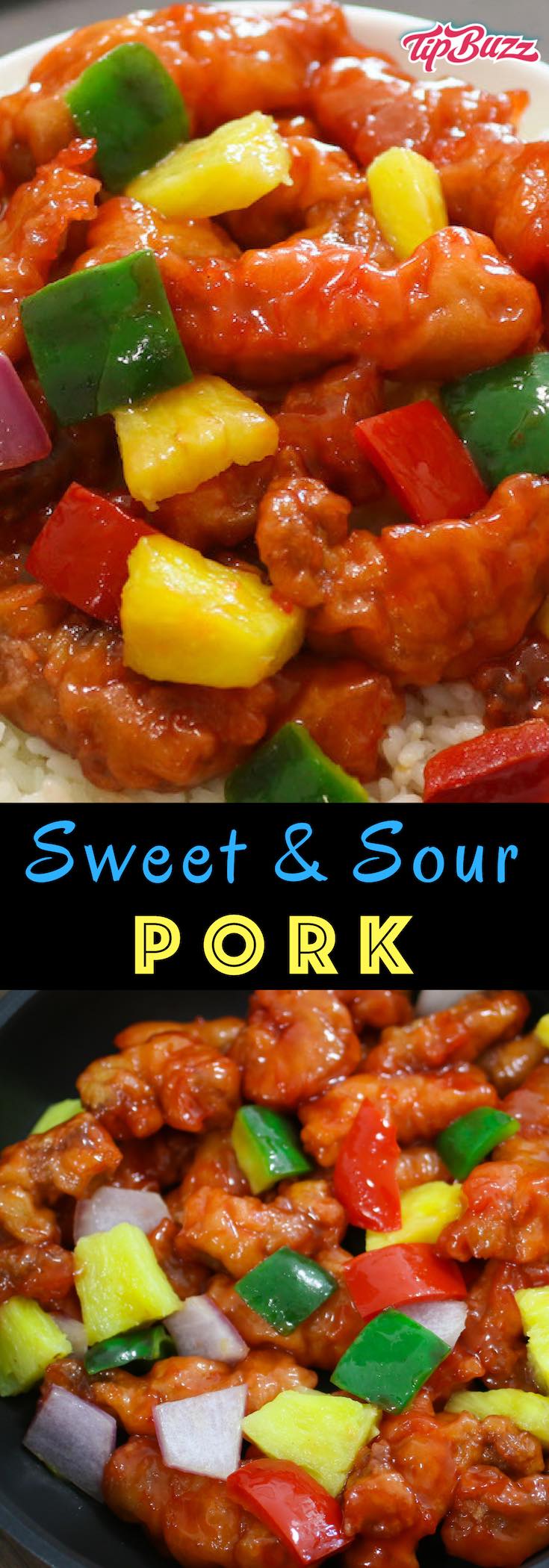 Sweet and Sour Pork - a much loved Chinese main dish you can make at home featuring crispy pieces of tender pork combined with onions, bell peppers and pineapple in a tangy sweet and sour sauce everyone will love. Perfect as a dinner idea and also for a party or potluck.