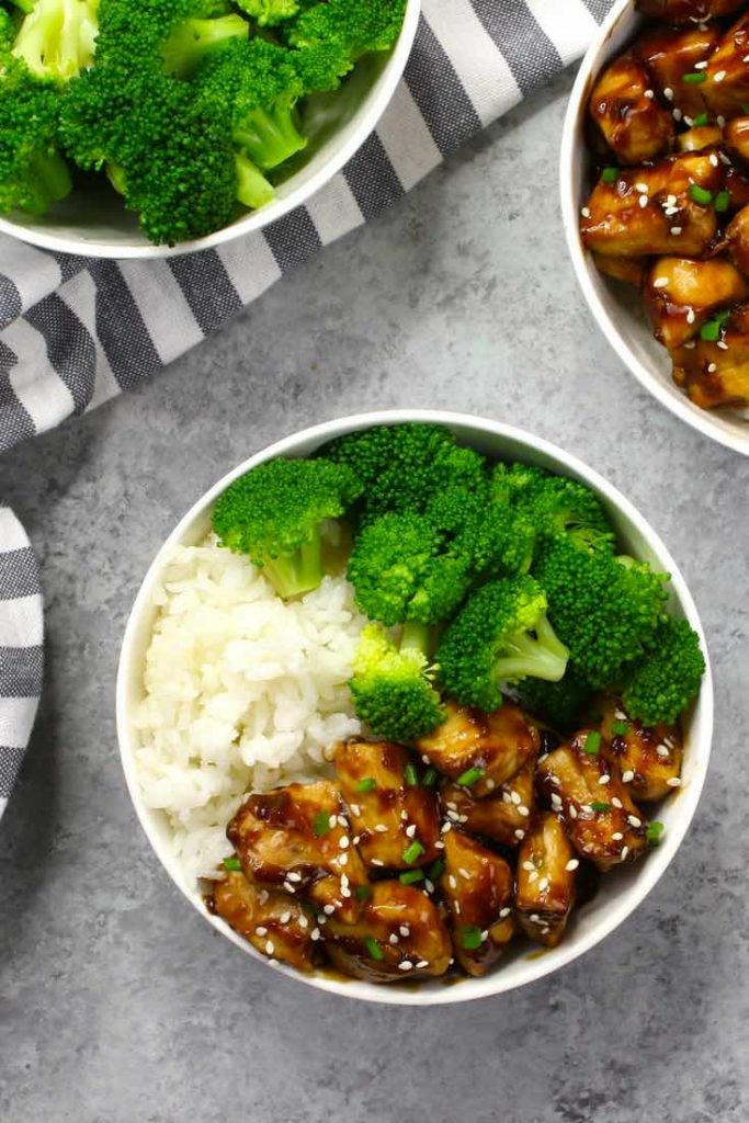 Chicken Teriyaki - this is an overhead photo of Teriyaki Chicken with broccoli in a rice bowl