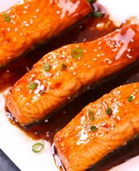 This Teriyaki Salmon is flaky, juicy and pan-fried to perfection with homemade Teriyaki Sauce. It’s the easiest, most flavorful teriyaki salmon you’ll ever eat. A healthy weeknight dinner option that’s ready in 20 minutes. Plus video recipe!