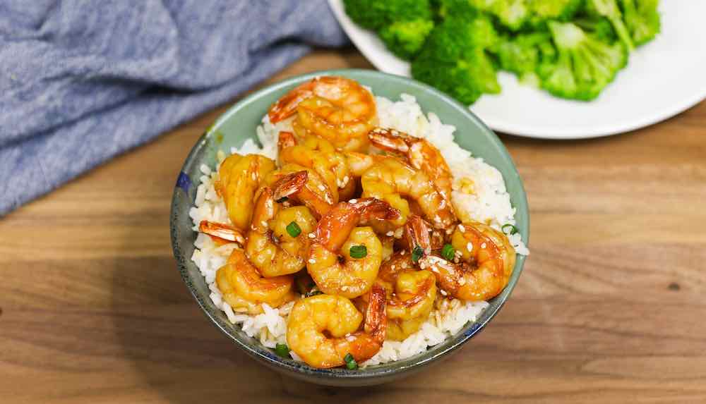 Teriyaki Shrimp served with rice and veggie