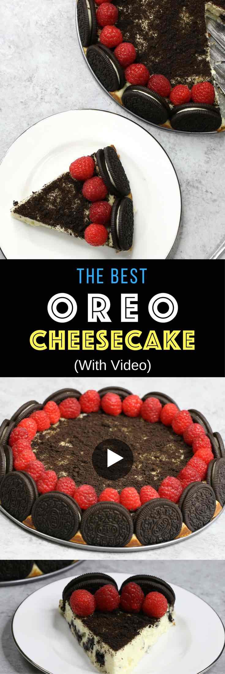 The Best Oreo Cheesecake – the easiest and most beautiful cake topped with cookies and cream crumbs and fresh raspberries. All you need is a few simple ingredients: oreo cookies, cream cheese, sugar, vanilla, eggs, sour cream and raspberries. Great for dessert, brunch, birthday parties or Mother’s Day. Video recipe. | tipbuzz.com