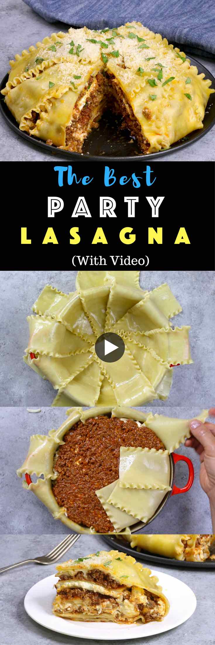 Easy, cheesy lasagna cake for parties – A perfect way for a crowd to enjoy the pleasure of lasagna. All you need is a few simple ingredients: lasagna noodles, ground beef, onions, garlic, ricotta cheese, parmesan cheese, mozzarella, oil, egg, tomato and fresh basil for garnish. A perfect dinner for the whole family or a party! Party food. Video recipe. | Tipbuzz.com
