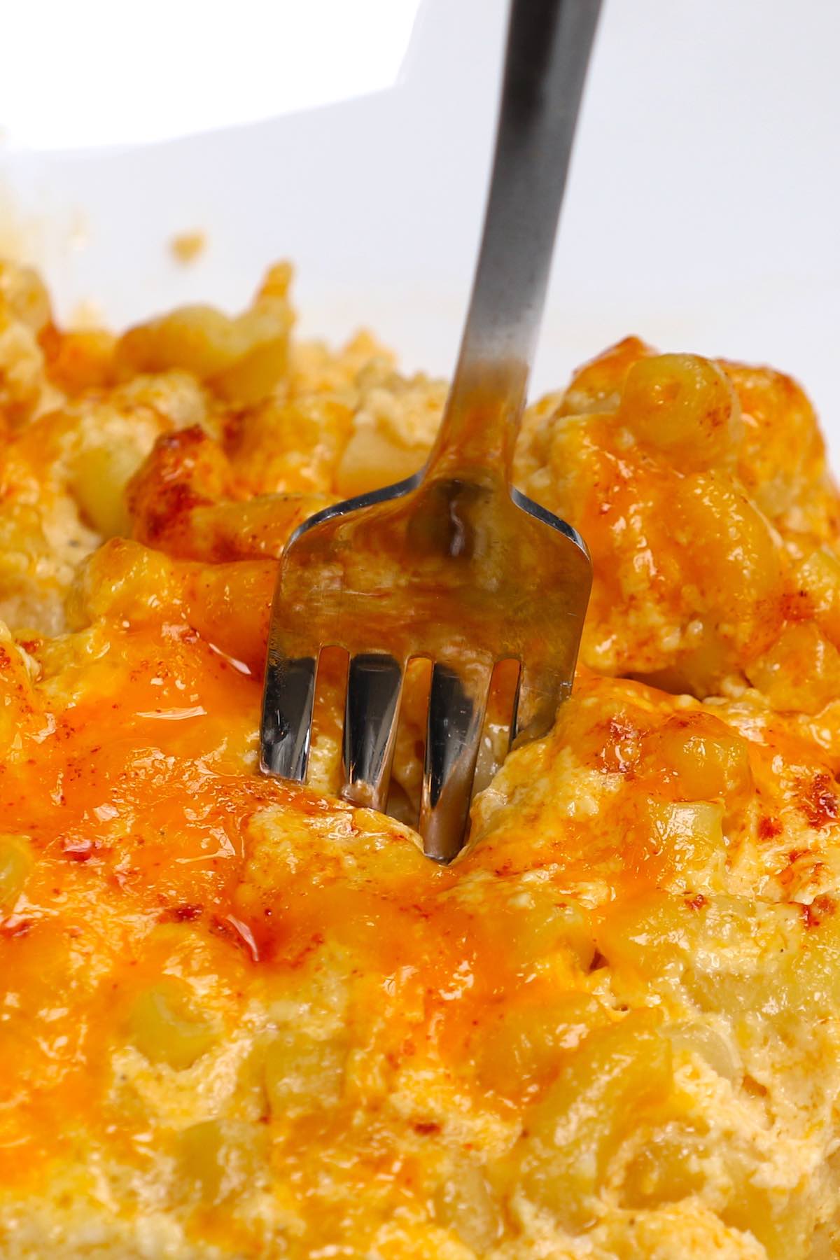 Digging a fork into homemade mac n cheese