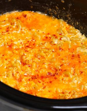 Crockpot macaroni and cheese cooked to golden perfection