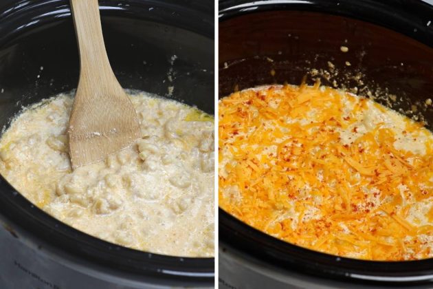 Mac and cheese ingredients in the crockpot before and after adding the top layer of cheese and paprika 