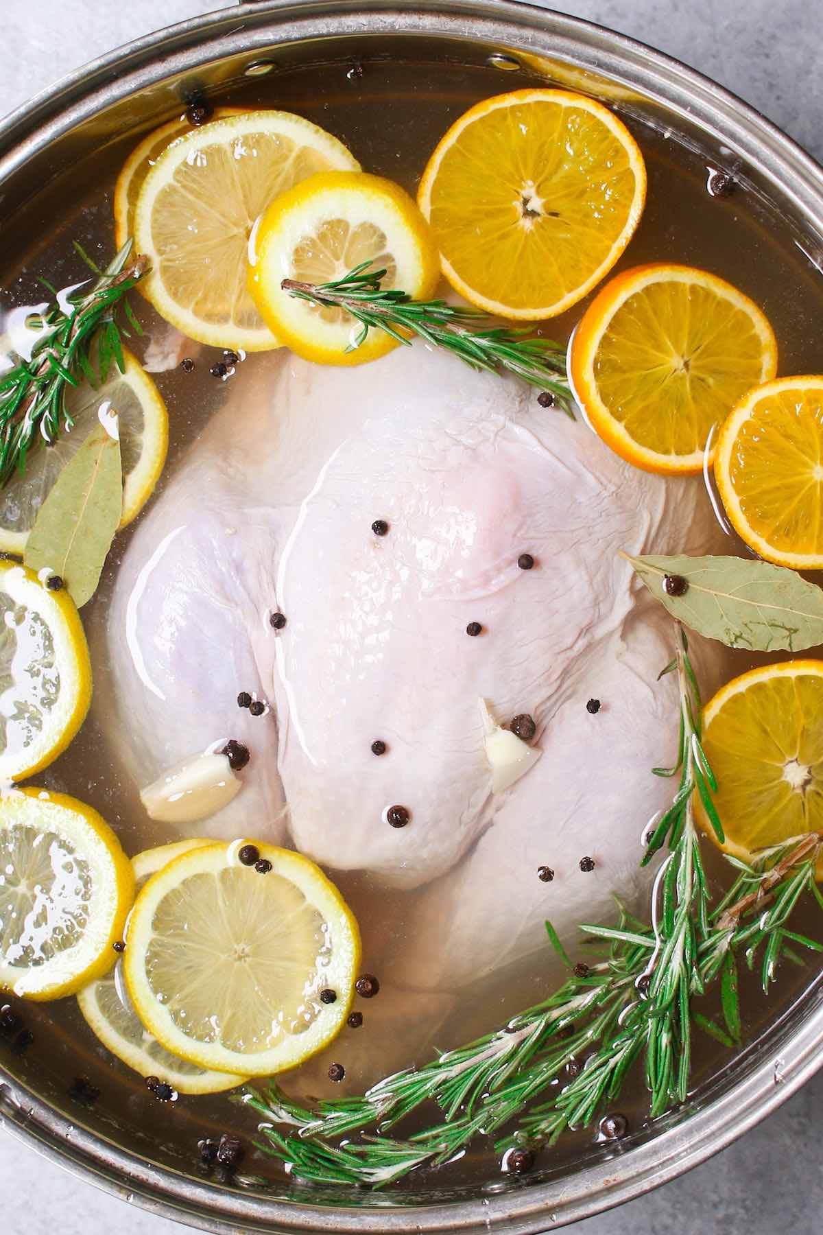 A fresh turkey immersed in brine made with salt, water, vinegar, garlic, rosemary, peppercorns, orange slices, lemon slices and bay leaves