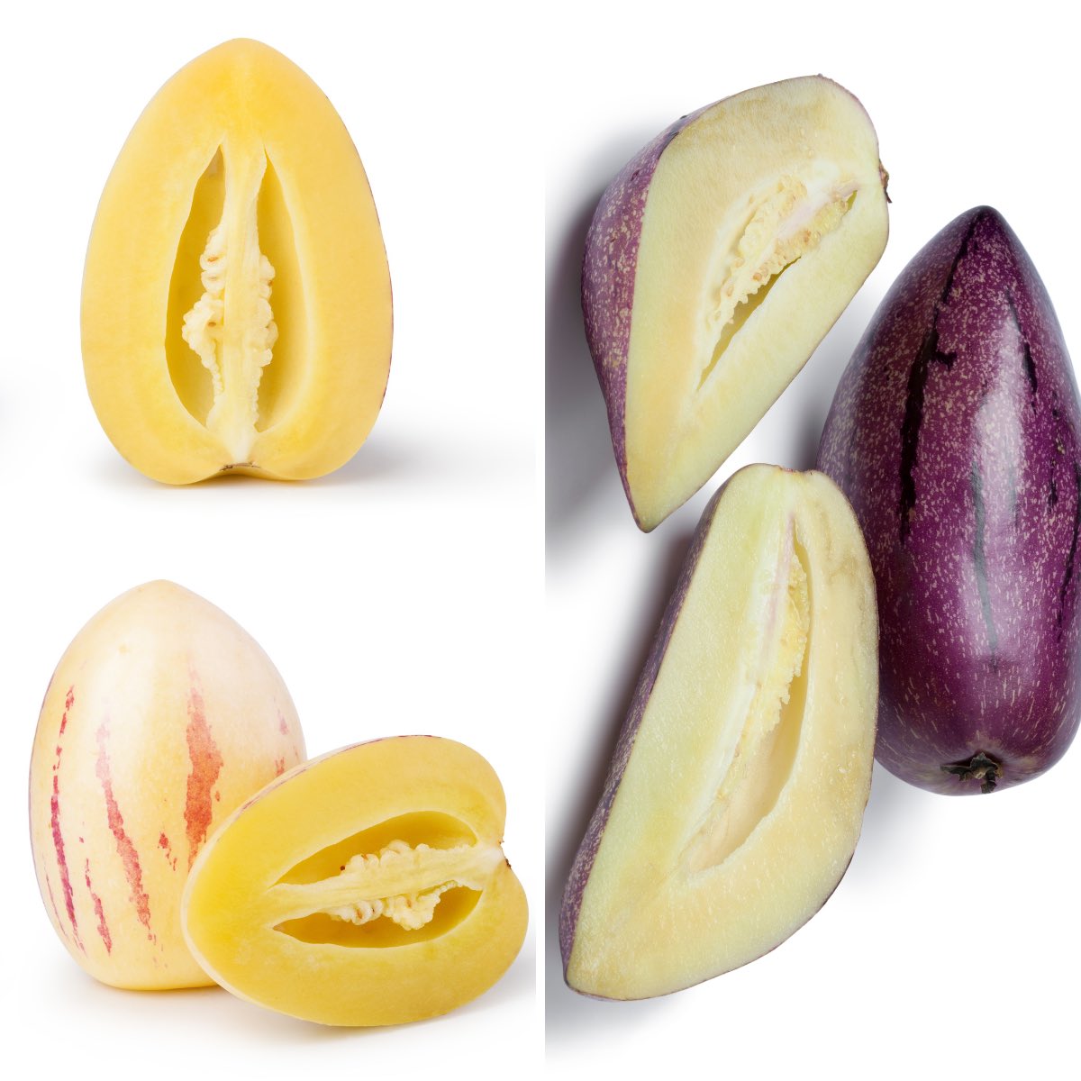 Varieties of pepino melon including orange flesh or purple skin