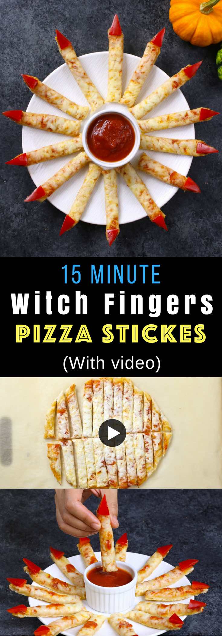 These Witch's Fingers are a quick and easy appetizer for a Halloween party. These pizza fingers are easy to make in just 20 minutes! #pizzafingers #pizzasticks #halloweenpizza