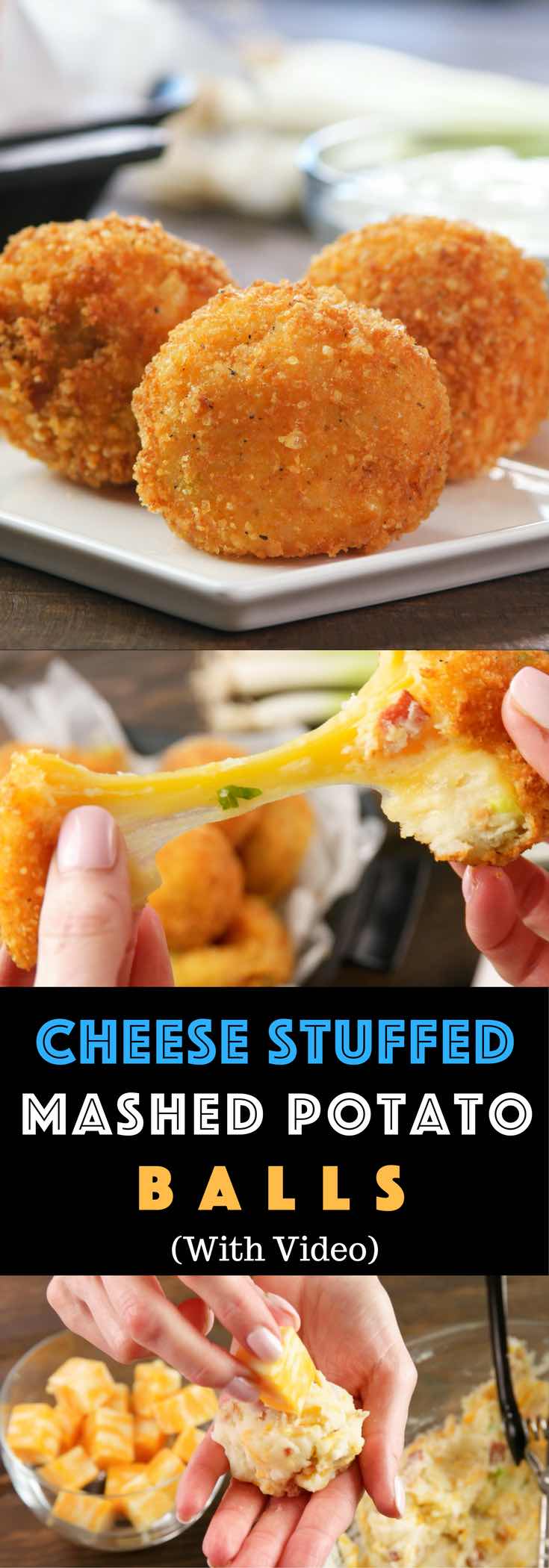 Easy Cheese Stuffed Mashed Potato Balls – crispy, cheesy and packed with bacon and green onion. So delicious! Great for parties, brunch, appetizer or an afternoon snack! Party food, quick and easy recipe. Video recipe.