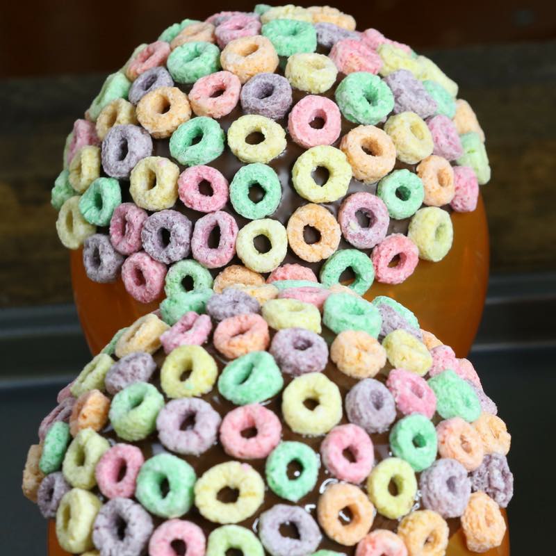 The exterior of the chocolate bowl covered with Fruit Loops