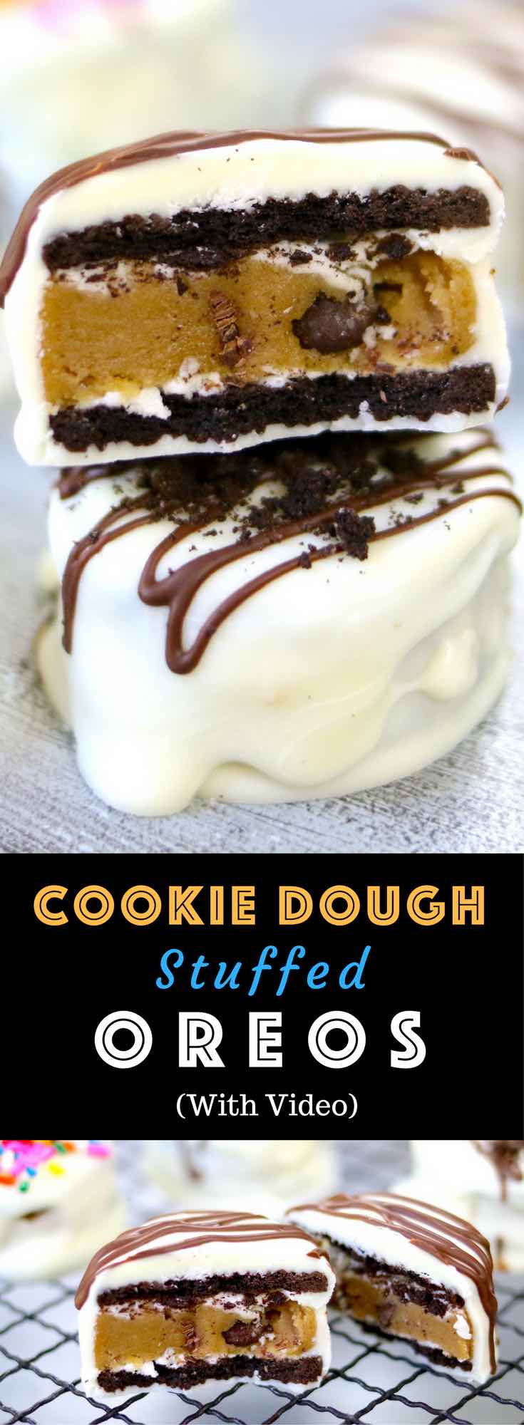 Cookie Dough Stuffed Oreos – creamy and rich chocolate cookie dough stuffed between oreos, and covered with white chocolate, then decorated with sprinkles. looks so elegant with two layers and tastes so delicious that you won’t believe how easy it is to make! Quick and easy recipe. No bake, and easy snack. Video recipe. | Tipbuzz.com