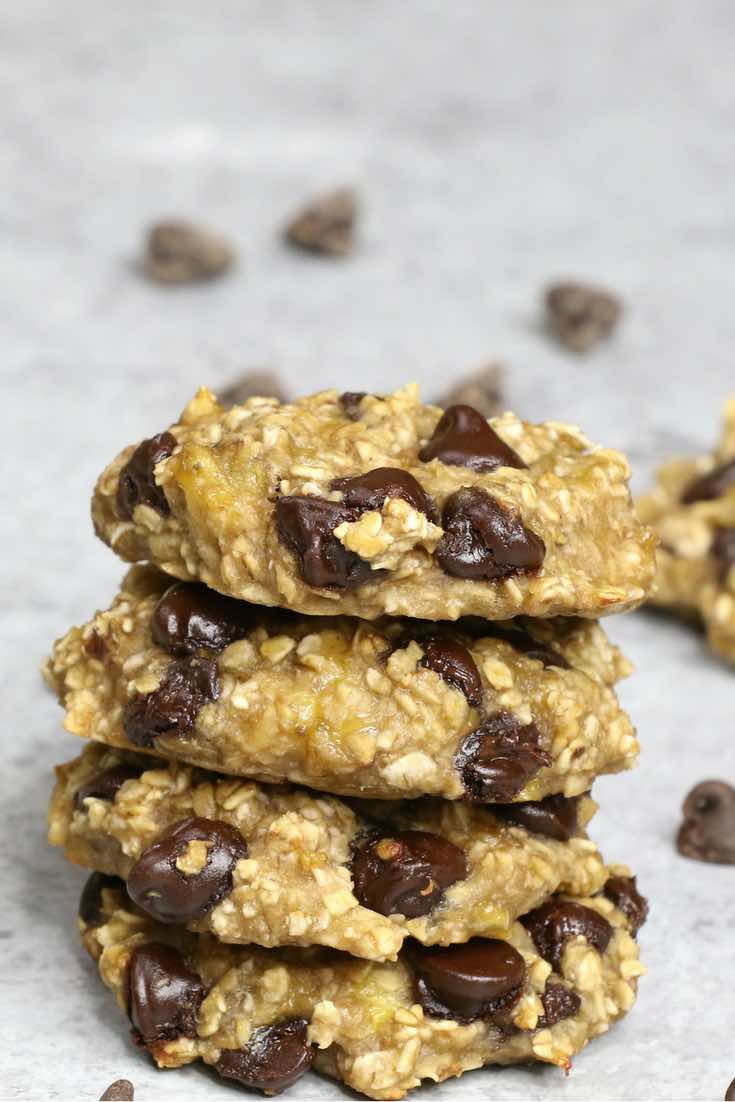 A stack of banana oatmeal cookies made with bananas, oats and chocolate chips for a healthy snack or breakfast idea that's easy to make