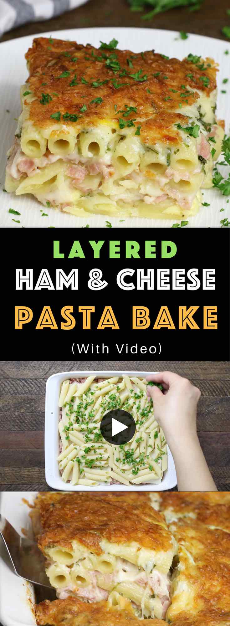 Layered Ham And Cheese Pasta Casserole – creamy and cheesy layered penne pasta, ham and Swiss cheese baked in the heavy cream and eggs mix. Perfect dinner for a hungry crowd! Quick and easy dinner recipe. Video recipe. | Tipbuzz.com